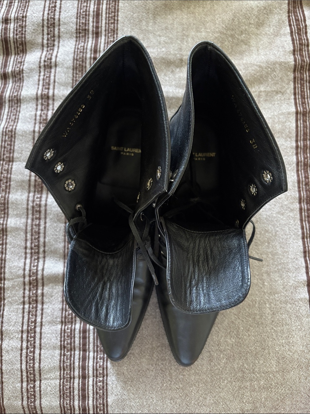 Saint Laurent Black Leather Pointed-Toe Lace-Up Boots with Stud Detail